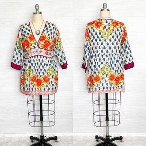 JOHNNY WAS Embroidered Silk Floral Print Boho Blouse Tunic Top Multicolor Size M